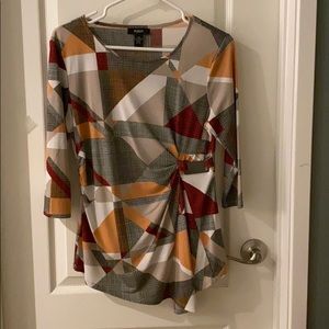 Top with wrap look.  Cool taupe-based print.